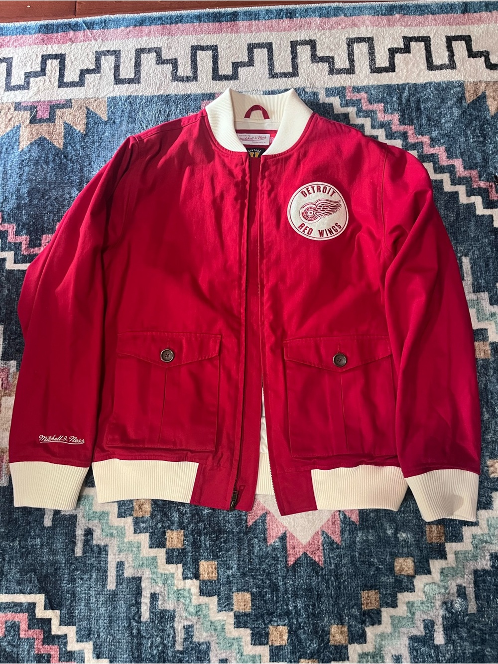 Mitchell & Ness Red Detroit Red Wings Bomber Jacket with Cream Trim